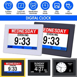 7" Large Dementia Clock Digital Calendar Day Clocks LCD Alarm Clock Wall/Desk UK - Picture 1 of 25