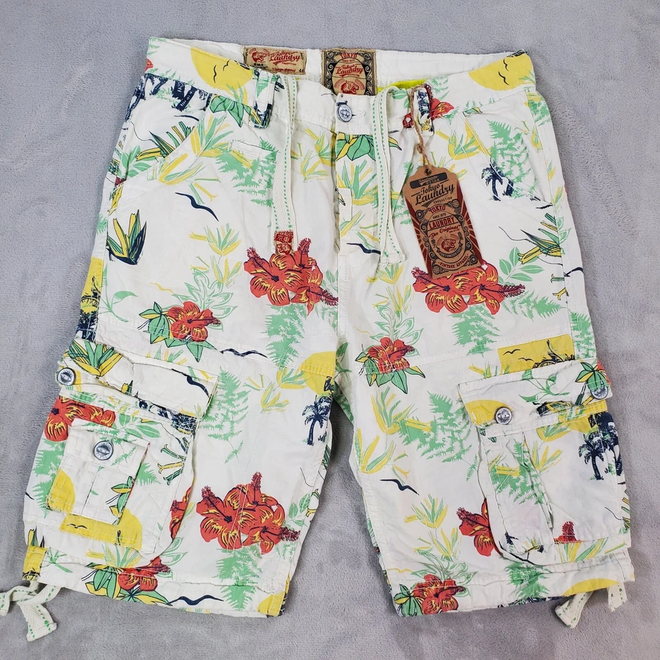Tokyo Laundry Cargo Shorts Mens 34x10 Regular Fit White Floral Print Button Fly - Image 1 of 4