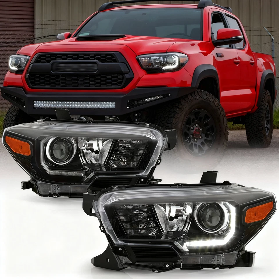 Подходит для Toyota Tacoma 2016-2021 годов выпуска галогенные фары фара со светодиодными дневными ходовыми огнями черный корпус - Изображение 1 из 4