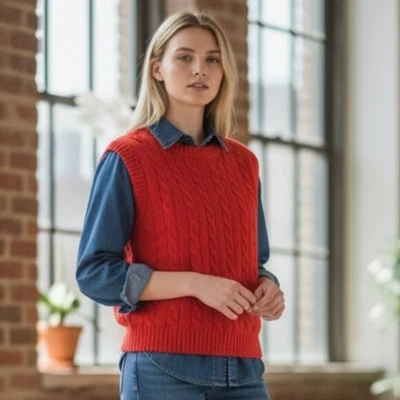 NUEVO CON ETIQUETAS ZARA Rojo Cable Tejido Sin Mangas Suéter Chaleco Súper Suave Mediano Navidad Festivo Foto 1 de 4