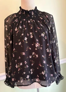 Madewell XL Black Sheer Lined Blouse Backyard Bloom Smocked Lola Floral Top - Picture 1 of 8