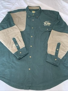 Cabela’s / NWTF Men’s XL LS Shooting Shirt Right Shoulder Area Green Beige - Picture 1 of 10