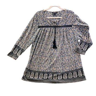 Lucky Brand крестьянин кисточки туника платье 2 X синий цветочный длинным рукавом #438 - Изображение 1 из 4