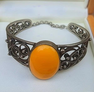 VINTAGE ART NOVEAU BALTIC EGG YOLK AMBER Large Cuff, Silver /23..76gram - Picture 1 of 10
