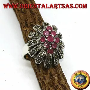 Anillo de Plata 925‰ Ovalados Alto Con 9 Rubíes Incrustaciones Rodeado De Marcas - Imagen 1 de 3