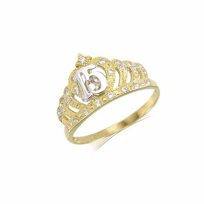 10K Solid Yellow Gold CZ Crown Sweet 15 Ring Quinceanera Anos Birthday Band Girl - Image 1 of 3