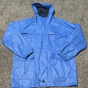 Rainskins Northcoast RainCoat Adult Large Blue PVC Billed Hooded RainSnap Pocket - Picture 1 of 4