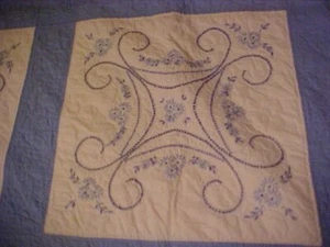 EMBROIDERED and CROSS STITCH Hand Made QUILT, BLUE FLOWERS, Vintage 1960s - Picture 1 of 5