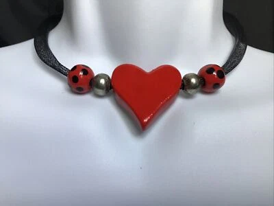 Heart Pendant Choker Black Mesh Chain with Silver Tone & Polka Dot Beads Vintage - Image 1 of 4