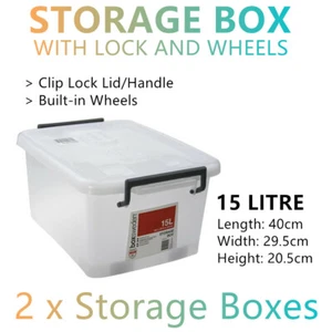 2x Heavy Duty Wheel Storage Boxes 15L Plastic Containers Stackable Organiser Tub - Picture 1 of 2