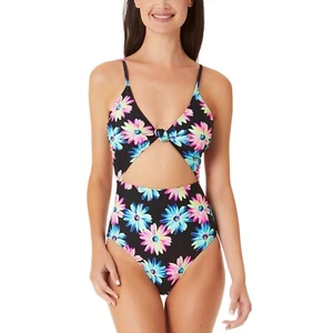 California Waves Size XS Gerber Daisy Knotted Cutout 1-Piece Swimsuit Black NWT - Picture 1 of 7