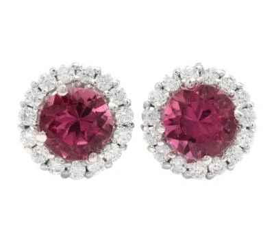 Round Pink Tourmaline Diamonds Gemstone Halo Stud Earrings Sterling Silver - Image 1 of 2