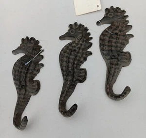 Seahorse Ocean Decor Cast Iron towel Or Keys Hook Set Up Three Wall Mount Brown - Picture 1 of 4