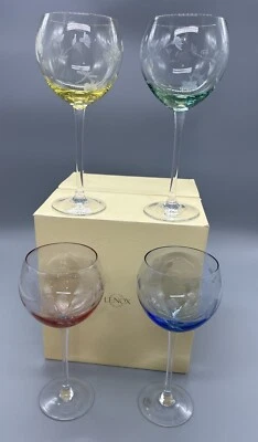 4 LENOX Butterfly Meadow Etched Balloon Wine Glasses Pink Blue Yellow Green - Image 1 of 4