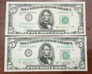 Set of 2 UNC 1950 D $5 Notes - 1 Ea Cleveland & San Francisco FRB's - Picture 1 of 13
