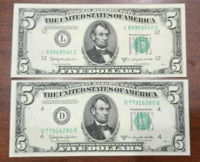 Set of 2 UNC 1950 D $5 Notes - 1 Ea Cleveland & San Francisco FRB's - Image 1 of 4