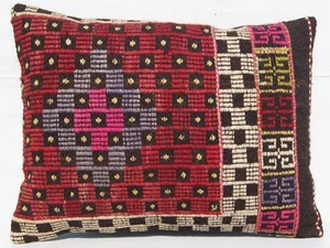 ESTUCHE COJÍN DE LANA TURCA 24""x18"" BORDADO RECTÁNGULO ALFOMBRAS DE ÁREA KILIM HECHAS A MANO - Imagen 1 de 3