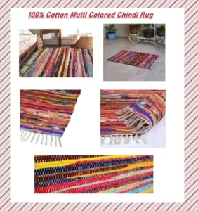 100% Recycled Cotton Handmade Mat Multi Coloured Floor Chindi Rug Colourful Rag - Picture 1 of 7