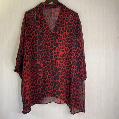 No Brand Women’s Red Cheetah Button Up Animal Print Blouse Shark Bite Hem 3X - Image 1 of 4