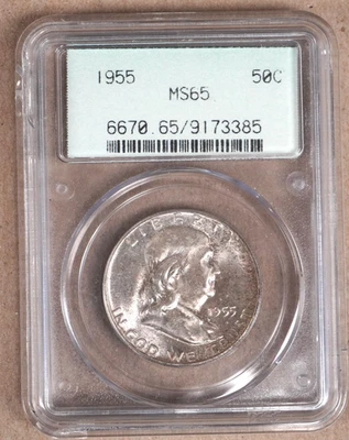 1955 FRANKLIN HALF DOLLAR PCGS MS65 9173385 - OLD HOLDER - TONING - Image 1 of 4