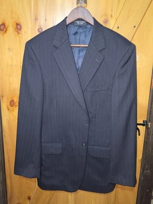 Jeffrey Banks Mens Black Wool Pinstripe Pleated 2pc Suit 42R Jacket 35x30 FLAW! - Image 1 of 4