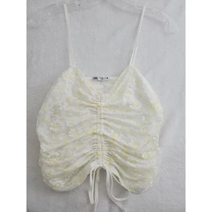 Zara Damen Top Medium weiß gelb Gänseblümchen Blumen gerafft halbtransparent Tank - Bild 1 von 7