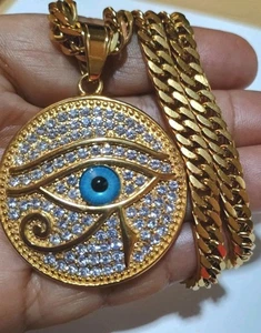 Gold Plated Eye of Horus Necklace 22" Eye of Ra Egypt Protection Dog Tag Pendant - Picture 1 of 6
