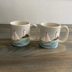 2 Vintage OTAGIRI Sailboat Lighthouse Hand Painted Japan Embossed Cup Mug (SH) - Bild 1 von 5