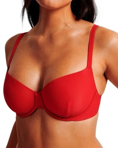 Top de bikini con aros Abercrombie Curve Love rojo acanalado balconette talla pequeña - Imagen 1 de 8