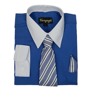 Boys Dazzling Blue Dress Shirt V2021 White Contrast Collar Tie Sizes 4 to 20 - Picture 1 of 2
