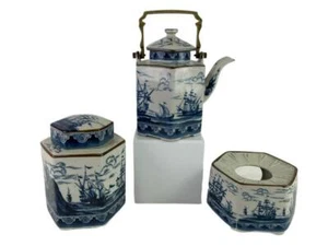 Antike chinesische Export Stil blau weiß Porzellan Teekanne Messinggriff Maritim - Bild 1 von 11