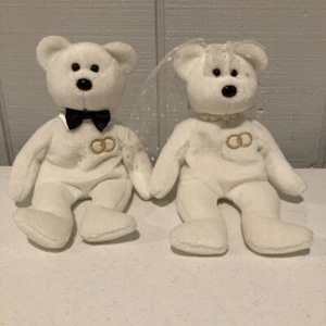 Ty Beanie Babies MRS. BRIDE and MR. GROOM White Bears 2001 Retired Wedding Gift - Picture 1 of 6