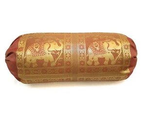 30x15 Inch Bolster Cover Brown Indian Woven Zari Brocade Banarasi Silk Elephant - Picture 1 of 8