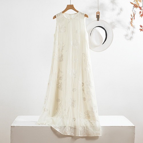 OFF WHITE Abito donna moda ricamato tencel lungo smanicato gilet vestito gonna linea A