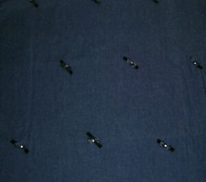 Blue Cotton Denim Fabric with Black Satin Bows & Rhinestones 60"w x 2 yards