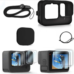 Black Silicone Case for Go Pro Hero 12/11/10/9 Screen Protectors Lens Caps Kit - Picture 1 of 10