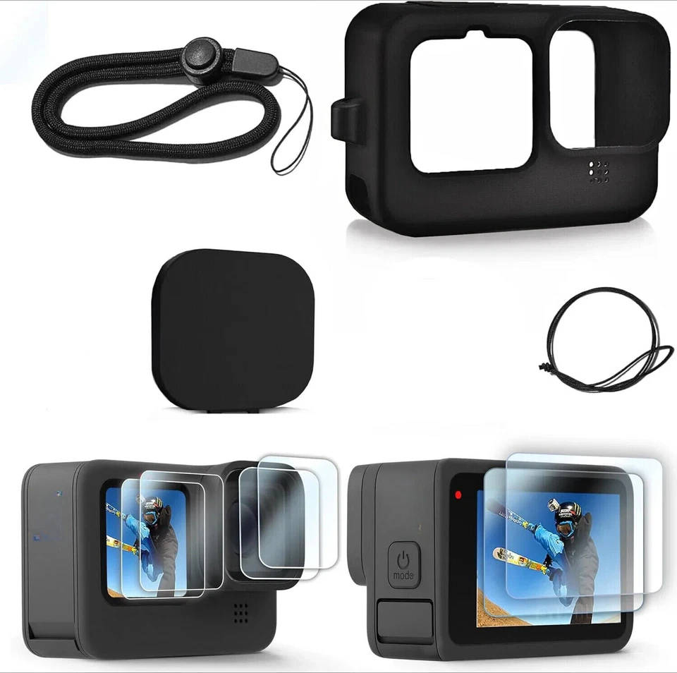 Black Silicone Case for Go Pro Hero 12/11/10/9 Screen Protectors Lens Caps Kit - Image 1 of 4