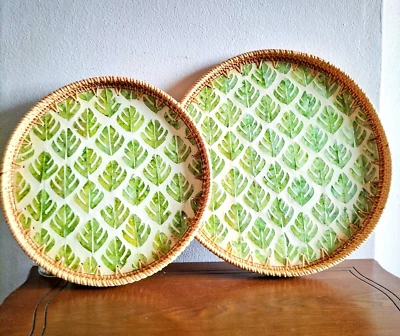 Mother of Pearl Rattan  Handmade Serving Tray (Set of 2) - Image 1 of 4