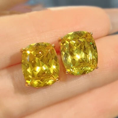 New 12mm Nest Cut Yellow Citrine Gemstone Luxury Women Gold Stud Earrings - Image 1 of 4