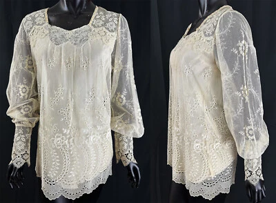 Blusa túnica top vintage marfil crema pandereta bordado tul red retazos encaje Foto 1 de 4