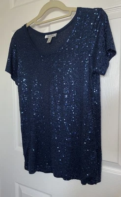 Womens Dressy Blouse / Dress Barn Dark Navy Blue Sequins Sz M Pre-Owned - Image 1 of 4
