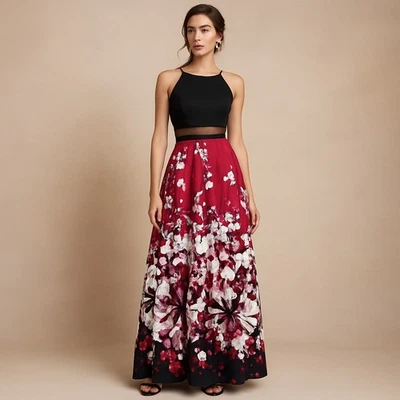 Betsy & Adam Size 6 Illusion Mesh Panel Formal Gown Black Red Floral Maxi Dress - Image 1 of 4