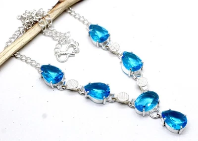 Swiss Blue Topaz Gemstone 925 Sterling Silver Jewelry Handmade Necklace Size-18" - Image 1 of 4