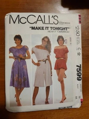 7599 McCall's Sewing Pattern Misses 1980s Pullover Dress Jumpsuit Size 12 B34 FF - Image 1 of 3