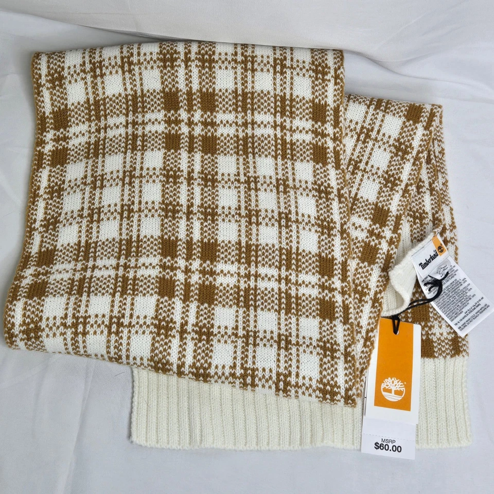 Timberland Buffalo Plaid Knit Scarf Cozy Logo Checkered Tan Cream Fall Winte
