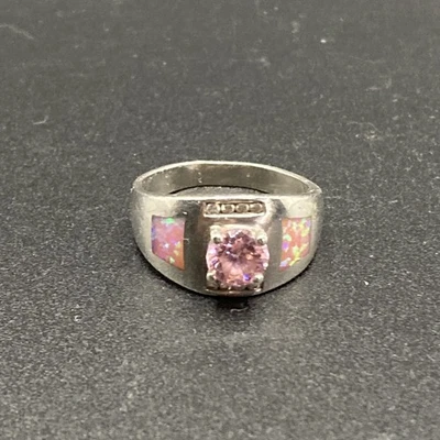 Anillo de plata de ley 925 con incrustaciones de ópalo de fuego rosa y topacio rosa talla 7,5 Foto 1 de 4