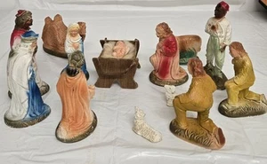 13 Vintage Chalkware Christmas Nativity Figures Mary Baby Jesus Cardboard Manger - Picture 1 of 24