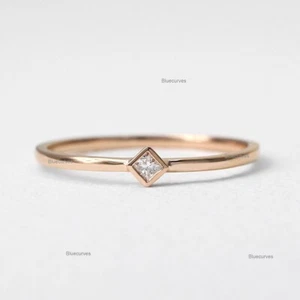SI Clarity Princess Diamond Bezel Petite Band Ring 14k Yellow Gold Women Jewelry - Picture 1 of 10