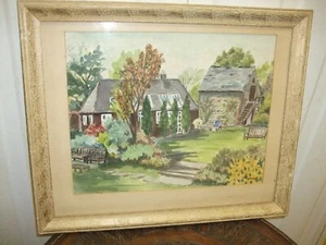 VINTAGE WATER COLOUR PAINTING ON PAPER A GIRL SITTING ON THE BENCH BY K. HOLTER - Picture 1 of 4