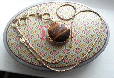 Edle Fossil Kette Edelstahl vergoldet + Anhänger mit Tigerauge in Top Zustand - Bild 1 von 4